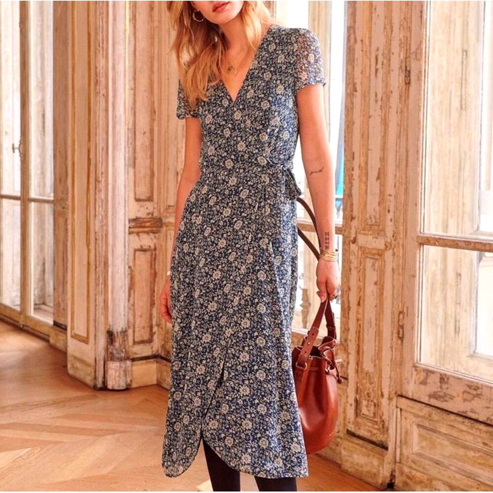 Sezane Amber Floral Midi Wrap Dress Size 36 100% Viscose Short Sleeves